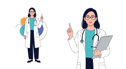 Two professional female doctors, wearing lab coats and stethoscopes, present information and medical advice with confidence.