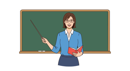 A friendly female teacher wearing glasses stands in front of a green chalkboard, holding a pointer and an open book, ready to educate.