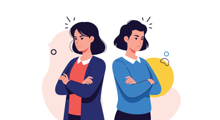Two women stand back to back with crossed arms and angry expressions, symbolizing conflict, disagreement, or a breakdown in communication.