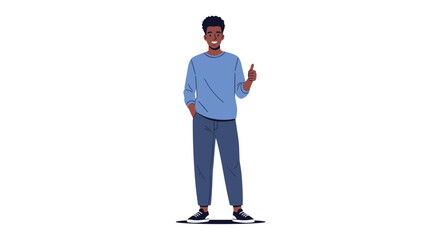A happy and confident young Black man stands smiling and gives a thumbs-up gesture, wearing a casual blue shirt and dark pants.