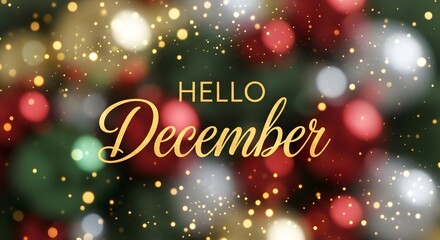 Golden "HELLO December" text centered on a vibrant, blurred background of sparkling holiday lights and festive bokeh.