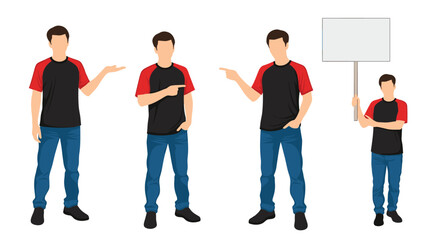 Four stylized male characters in red and black t-shirts and blue jeans presenting, pointing, and holding a blank sign, isolated on white.