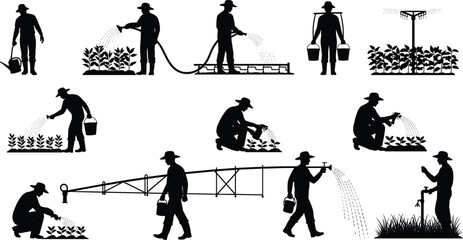 Irrigation, watering, silhouette, posture, gesture, farmer, hose, can, bucket, spray, faucet, boom, sprinkler, plant, setup, rural, agriculture, vector, black, pose, flavector © merajul