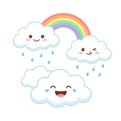 Group of happy and smiling clouds raining with a bright rainbow arching above, cute cartoon vector illustration for weather, spring, happy rain, and cheerful concepts