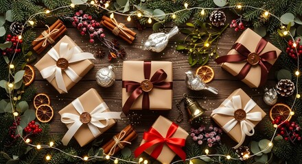 Overhead view of festive Christmas gifts wrapped in kraft paper with ribbons, surrounded by holiday decorations and twinkling lights on a wooden background.