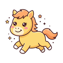 Adorable smiling light brown horse or pony running with sparkling stars, cute cartoon vector illustration for animals, fantasy, nursery, and children's designs
