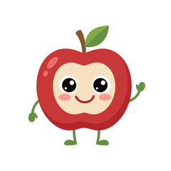 Cheerful smiling red apple character with green leaf and small limbs, cute cartoon vector illustration for fruit, healthy food, school, and nutrition concepts