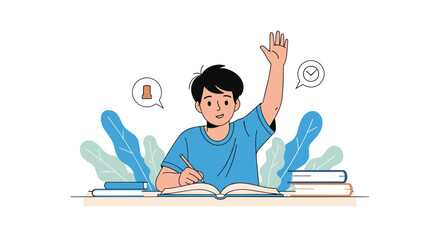 A cheerful young student actively participates in class, writing notes and raising his hand to answer a question.