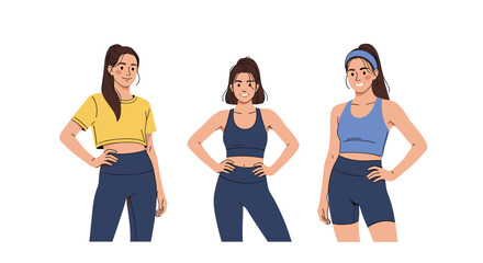 Three diverse young women in various sportswear outfits pose confidently, smiling brightly against a clean white background.