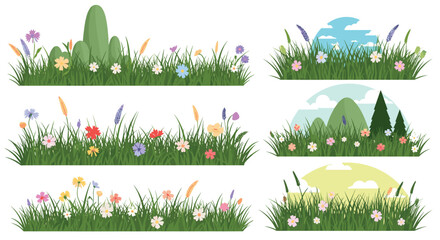 Set of six beautiful vector illustrations depicting lush green grass with an array of colorful wildflowers and scenic backdrops.