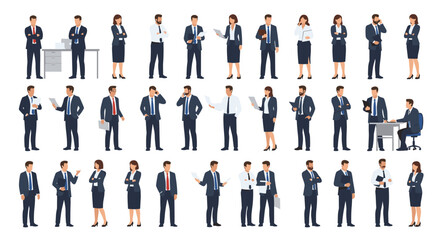 A diverse collection of professional business men and women in various poses, depicting corporate life and office roles.