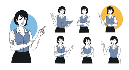 A businesswoman in various poses, including pointing, holding a clipboard, and crossing arms, showcasing different emotions and actions.