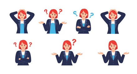 Illustrations of a businesswoman in various poses expressing confusion, doubt, and frustration, often accompanied by question marks.