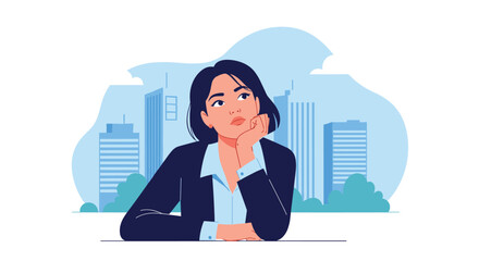 Pensive young businesswoman in a city setting, deep in thought, contemplating ideas and future possibilities for success.