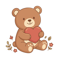Obraz premium Cute cartoon bear sitting and holding a red heart, surrounded by small flowers and leaves, adorable vector illustration for love, autumn, and Valentine's Day