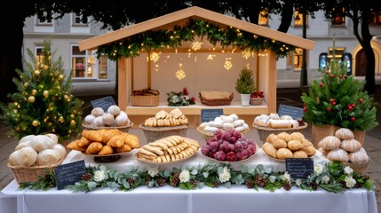 Christmas market stall offering festive pastries and baked goods