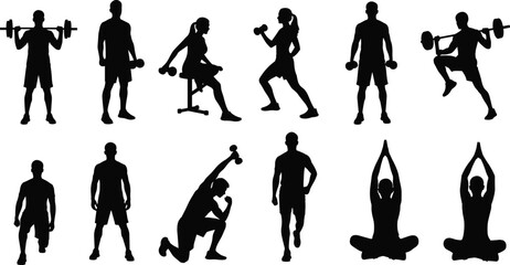 Fitness, exercise, silhouette, posture, gesture, workout, weightlifting, yoga, lunge, dumbbell, barbell, seated, standing, walk, pose, stretch, routine, vector, black, setup, flavector