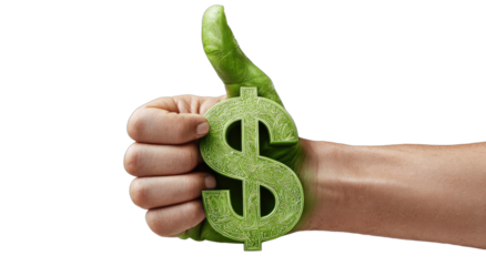 Green dollar sign superimposed on a thumbs-up gesture, against a black background