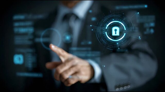 Tech oriented leader reviews security of data, representing complex network structures. The keylock visual element signifies vigilant oversight and continuous system protection.