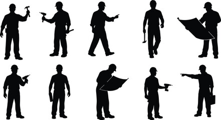Silhouettes of construction workers with tools, hard hats, and blueprints showing teamwork, planning, safety, and labor roles on site.