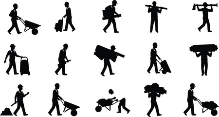 Silhouettes of construction workers performing various tasks with tools, wheelbarrows, carts, teamwork, labor motion, industrial activity and safety gear