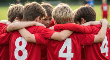 A young soccer team huddles close, wearing red jerseys with white numbers, back view. Focus on teamwork and unity on the green field.