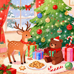 Fototapeta premium A whimsical, festive illustration featuring a mix of cute, anthropomorphic animal characters, such as a deer and a bear, surrounded by colorful Christmas decorations.