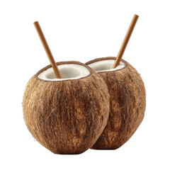 Two opened coconuts with straws stand ready for tropical refreshment