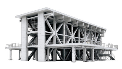 Stark, geometric, multi-level concrete and steel structure on stilts