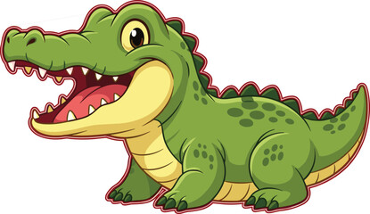 Obraz premium Cartoon crocodile vector illustration with cheerful expression, green reptile character for kids, playful animal design for educational and creative projects
