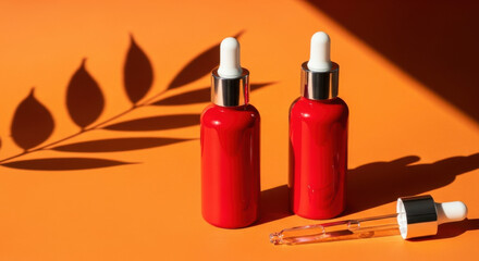Obraz premium Two vibrant red serum bottles with silver droppers rest on a vivid orange background, complemented by the subtle shadow of a leaf, ideal for beauty and skincare concepts.