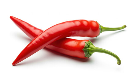 Two bright red chili peppers intersect on a clean white backdrop, showcasing their smooth skin, vibrant color, and fresh green stems in a close up studio shot.