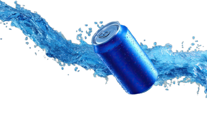 Refreshing blue can splashes through dynamic, flowing blue liquid