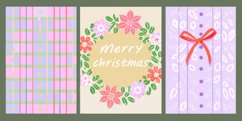 Set of three christmas cards with floral wreath and festive patterns