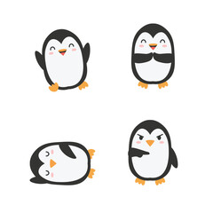 Funny Penguin Character Vector Set. Cute Kawaii Arctic Animal in Various Poses and Moods. Adorable Penguin Clip Art.