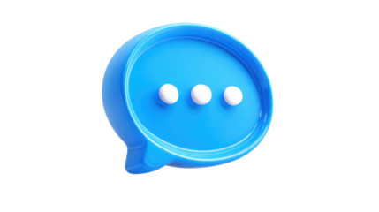 Blue 3d speech bubble icon representing online chat and messaging, displaying three dots indicating text message typing or thoughtful communication on transparent background, png