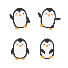 Happy Penguin Icon Set. Cute Cartoon Character in Different Poses. Kawaii Animal Vector Collection for Design and Print.