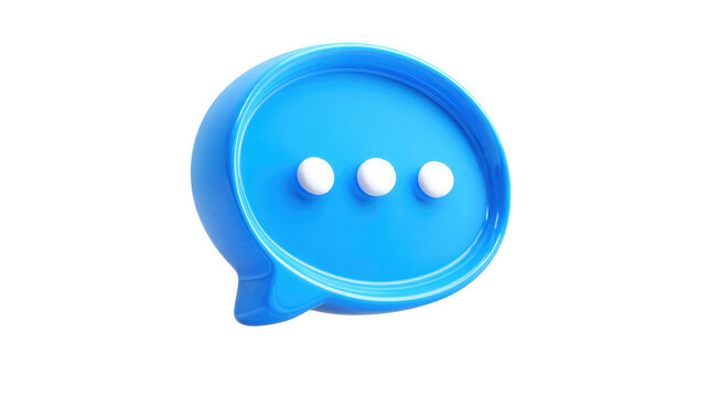Blue 3d speech bubble icon representing online chat and messaging, displaying three dots indicating text message typing or thoughtful communication on transparent background, png