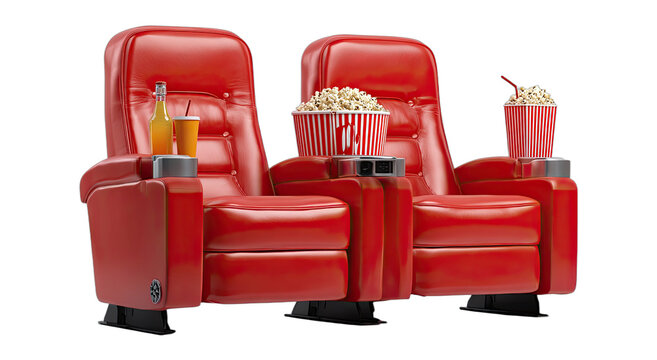 Two plush red cinema seats with popcorn and drinks on a black background