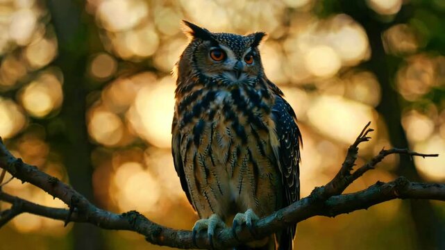 Majestic eagle owl perched on a dark branch against a warm golden sunset bokeh background featuring intense orange eyes and detailed feather patterns for wildlife photography nature art and nocturnal 
