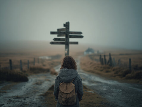 Person Standing at Crossroads with Many Signs Confusion