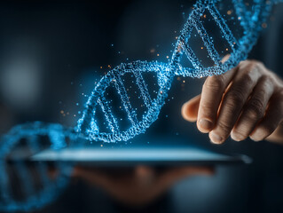 Medical DNA Helix Hologram on Doctor Hand