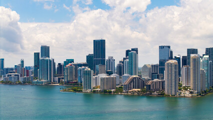 Fototapeta premium Aerial view of Brickell skyline in downtown Miami. Skyscrapers above Miami. Scenic panorama of Miamis financial district. Brickell in Miami city. Miami Urban landscape with buildings cityscape.