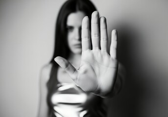 Young woman making stop gesture with her hand in black and white.