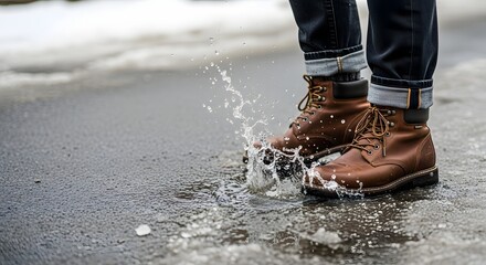 Close up of person wearing brown leather winter boots stepping into a slushy puddle, creating a splash for winter adventure concept and outdoor resilience