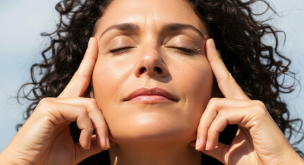 Obraz premium Close up of a woman meditating outdoors under sunlight with eyes closed fingers on temples, with curly dark hair against a blurry sky background.