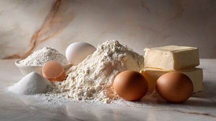 Baking ingredients flour eggs butter sugar and salt.