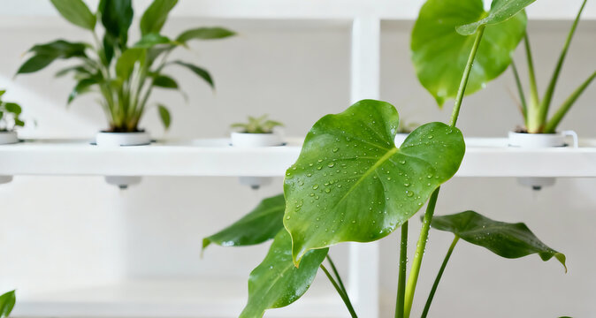 Modern indoor gardening setup with hydroponic plants, minimal white shelves, soft ambient light, fresh aesthetic, stylish home decor photography.