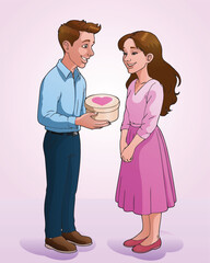 illustration of a man giving a love gift for her girlfriend on park nature background