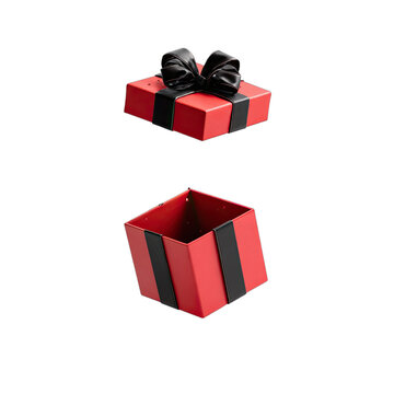 Red gift box, lid open, black ribbon, black background